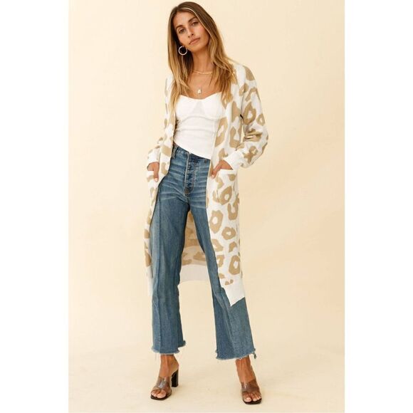 Vestidos Sweaters - Vestidos Womens Animal Print Open Front Pocket Long Line Cardigan Tan Medium